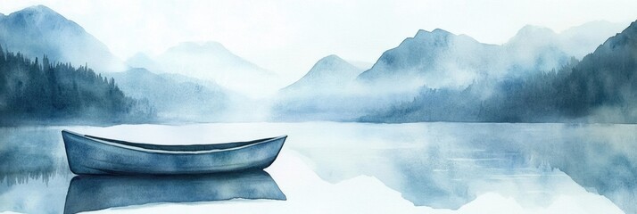 Poster - Serene watercolor illustration of a rowboat on a tranquil mountain lake with a blank sky for text. Generative AI