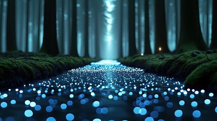 Poster - Glow forest idea. A serene forest with glowing blue lights illuminating a tranquil stream.