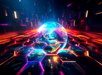 Aufkleber - Vibrant double exposure globe with futuristic, glowing hexagonal patterns. Dynamic composition and abstract design elements create a visually striking scene.