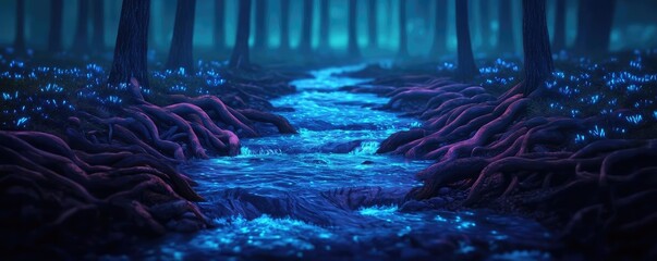 Aufkleber - Glow forest concept. A serene night scene of a glowing creek winding through a mystical forest.