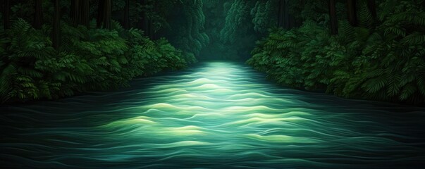 Poster - Glow forest concept. A serene river flows through a lush green forest, reflecting vibrant lights and shadows.