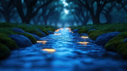 Poster - Glow forest idea. Serene twilight scene with glowing lights reflecting on a tranquil stream.