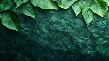 Poster - Lush green tropical leaves arranged on a textured dark green background. Perfect for wallpaper or design. Macro Texture Backgrounds. Emerald Green Leaves on Textured Background