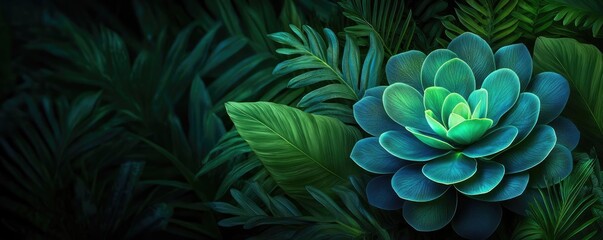 Poster - Glow forest concept. Vibrant succulent surrounded by lush green leaves in a tranquil botanical setting.