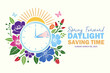 © barokzidane - Spring Forward 2025 banner. Alarm clock set forward one hour with sun and floral elements. Daylight saving time concept with reminder text. Vector illustration.
