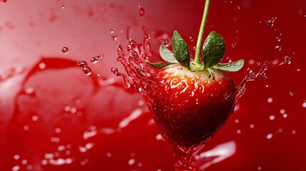 Fototapete - Single ripe strawberry making a splash in red water