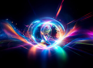 double exposure abstract art. glowing sphere surrounded by vibrant colorful energy streams and light