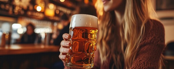 Poster - Young woman holding a fresh beer in a pub