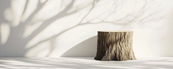 Poster - Empty tree trunk podium casting shadow on white wall