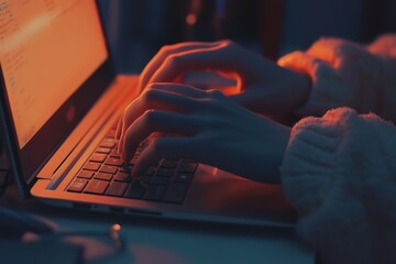 Poster - Hands typing on laptop keyboard illuminated in warm light coding or writing at night