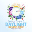 © barokzidane - Daylight saving time. Spring forward concept with alarm clock, sun, and floral elements, illustrating the schedule to set the clocks forward one hour in the spring. Vector illustration.