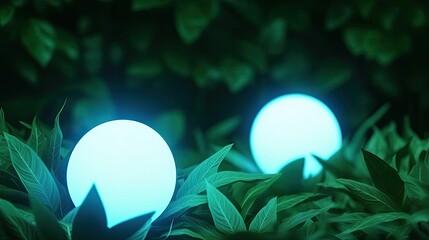 Aufkleber - Glow forest concept. Glowing orbs nestled among lush green leaves, creating an enchanting garden ambiance.