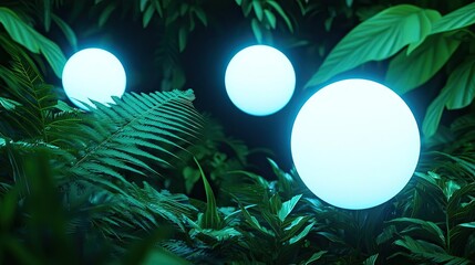 Poster - Glow forest concept. Glowing orbs among lush green foliage, creating a serene and mystical atmosphere.