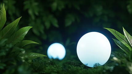 Poster - Glow forest concept. Glowing spheres nestled among lush green leaves in a serene natural setting.