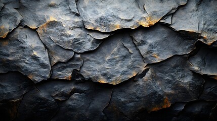 Poster - Close-up of a dark grey rock face with golden highlights, showcasing a rough texture and abstract pattern. Macro Texture Backgrounds. Dark Grey and Golden Hues
