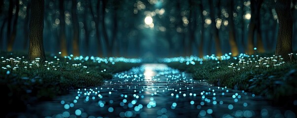 Poster - Glow forest idea. A serene forest pathway illuminated by glowing blue natural lights at dusk.