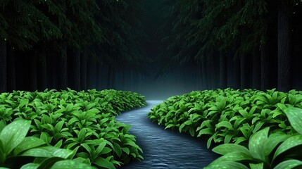 Poster - Glow forest idea. A tranquil forest scene with lush green plants and a serene flowing stream.