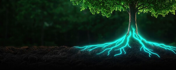 Poster - Glow forest concept. A vibrant tree with glowing roots showcasing the beauty of nature and life.