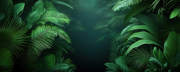 Poster - Glow forest concept. Lush green foliage creating a serene and tranquil jungle atmosphere.