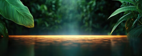 Poster - Glow forest concept. Tranquil water surface reflecting glowing light amidst lush green foliage.