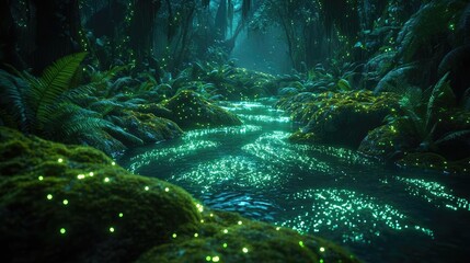 Poster - Glow forest concept. Enchanted forest scene with glowing lights illuminating a tranquil stream.