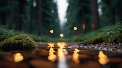 Poster - Glow forest idea. Serene forest scene with a calm stream reflecting soft lights and lush greenery.