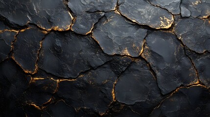 Poster - Close-up of a dark rock formation with gold accents. Abstract and textured. Macro Texture Backgrounds. Abstract Black and Gold Rock Formation: A Textured Masterpiece