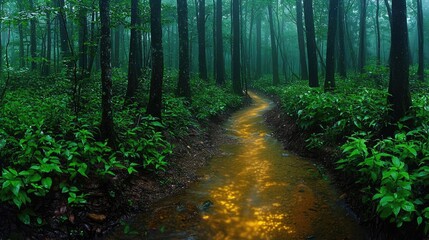 Poster - Glow forest idea. Serene forest path with lush greenery and sunlight reflecting on the water surface.