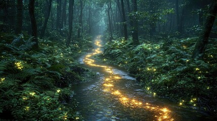 Poster - Glow forest idea. A serene forest stream illuminated by glowing lights, surrounded by lush vegetation.