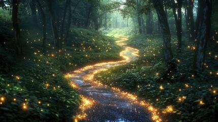 Poster - Glow forest idea. A serene forest scene with a glowing river winding through lush greenery and trees.