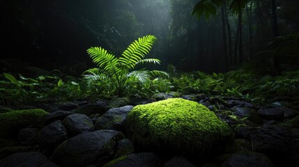 Poster - Glow forest concept. Lush green fern growing among moss-covered rocks in a tranquil forest setting.