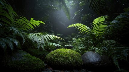 Aufkleber - Glow forest concept. Lush green foliage and moss-covered stones in a serene, misty forest setting.