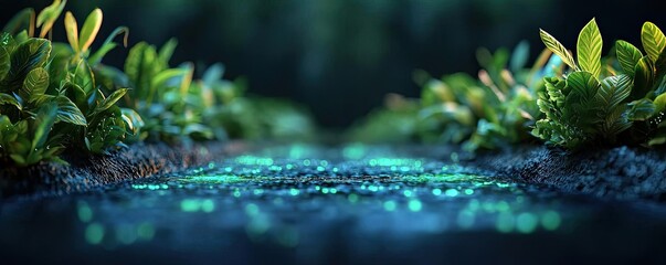 Poster - Glow forest concept. Vibrant green plants illuminated in a mystical, glowing environment.