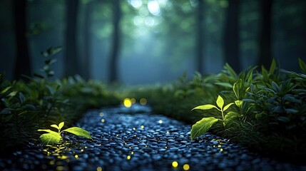 Poster - Glow forest idea. A serene forest scene with glowing plants by a tranquil river at dusk.