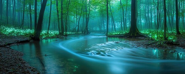 Poster - Glow forest idea. Serene forest scene with a tranquil stream and glowing foliage under soft blue light.