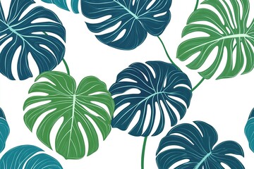 Poster - Lush Monstera leaf pattern design in shades of green and blue on a white background
