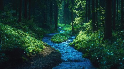 Poster - Glow forest idea. Tranquil forest stream surrounded by lush greenery and vibrant nature in serene atmosphere.