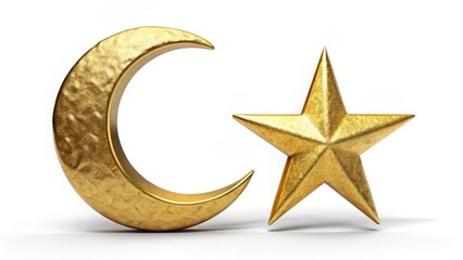 Poster - Golden Crescent Moon and Star on White Background