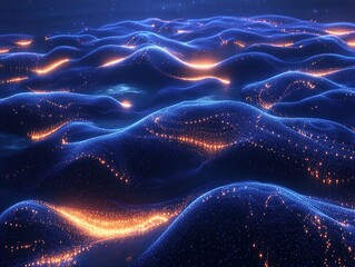 Poster - Glowing Particle Waves Flow Dynamically Across a Digital Landscape, Abstract 3D Animation