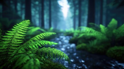 Poster - Glow forest concept. Lush ferns and serene stream in a tranquil forest setting, bathed in soft natural light.