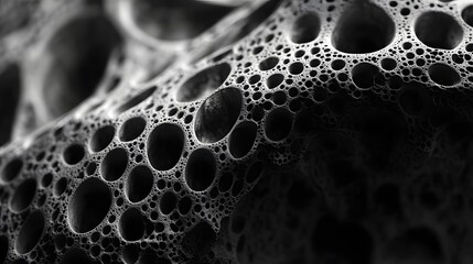 Poster - Close-up of a textured, porous surface. The image features various sized holes and a monochrome color scheme. Intricate detail is prevalent. Macro Texture Backgrounds. Porous Surface Intricate Details