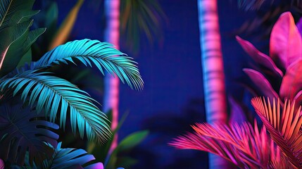 Aufkleber - Glow forest concept. Vibrant tropical foliage illuminated by colorful lights against a dark background.