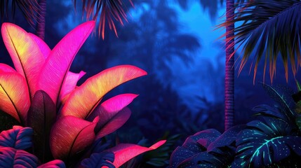 Poster - Glow forest concept. Vibrant tropical foliage illuminated in rich colors amidst a lush rainforest setting.