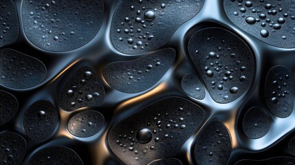 Poster - Close-up of a 3D rendered dark metallic surface with water droplets. Abstract and textured. Macro Texture Backgrounds. Abstract Dark Metallic Surface with Water Droplets: A 3D Rendered Texture