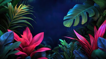 Poster - Glow forest concept. Vibrant tropical foliage with lush green and colorful leaves against a dark backdrop.