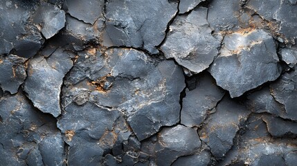 Poster - Close-up view of a dark grey cracked rock surface. The texture is rough and irregular. Macro Texture Backgrounds. Abstract Dark Grey Cracked Rock Texture