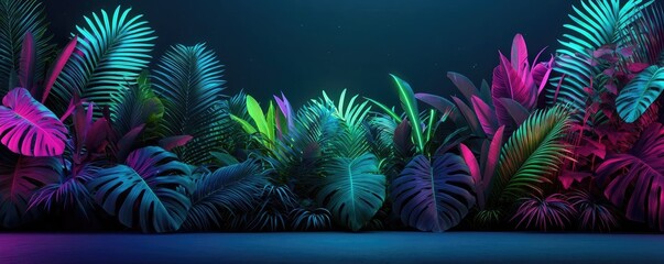 Fototapete - Glow forest concept. Vibrant, illuminated foliage in a stunning tropical arrangement with rich colors.