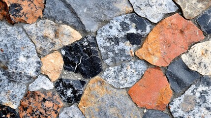 Poster - Close-up of a stone wall with varied colors and textures. Ideal for backgrounds or design projects. Macro Texture Backgrounds. Multicolored Stone Wall Texture: A Close-Up View of Varied Stones