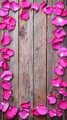 Wall Mural - Pink rose petals frame rustic wood background, Valentines, wedding, greeting card