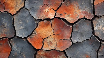 Aufkleber - Close-up of cracked earth, displaying a captivating interplay of grey and russet hues. A study in texture and natural formations. Macro Texture Backgrounds. Cracked Earth Texture